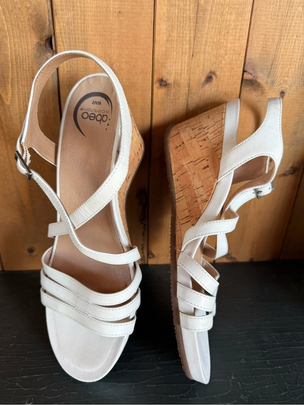 Abeo Bio System 3” White/Cork Leather Espadrille Strappy Wedge Sandal 9